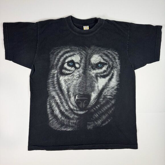 Vintage Wolf TShirt Mens XL Black All Over Print AOP Nature Wildlife Graphic Y2K - Picture 1 of 7